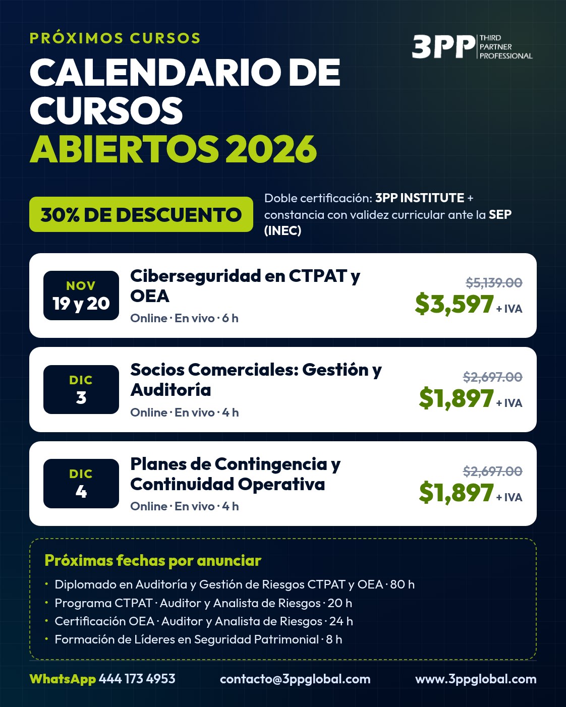Próximos cursos abiertos 2026 de 3PP: Ciberseguridad 19 y 20 de noviembre, Socios Comerciales 3 de diciembre y Planes de Contingencia 4 de diciembre